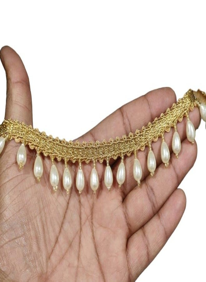 PREMDAS LACES Indian Gold And White Beaded Tassels Lace Trim For Dress Embellishments For Crafting, Sewing And Cloth Accessories 9Meter (Pack Of 1) - Image 2